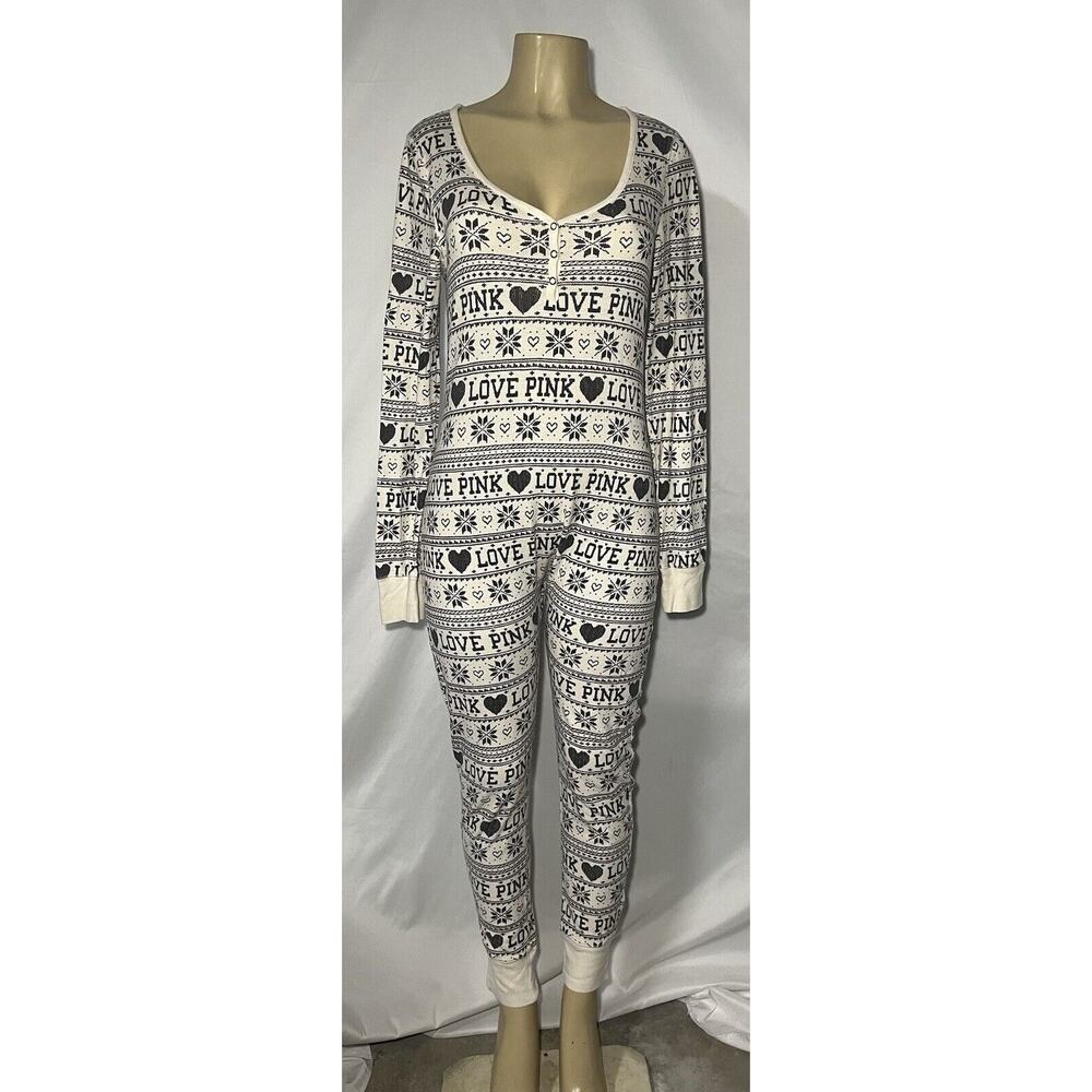 Victoria's Secret Pink Fair Isle/Logo Cotton One Piece Pajamas Black/White Large